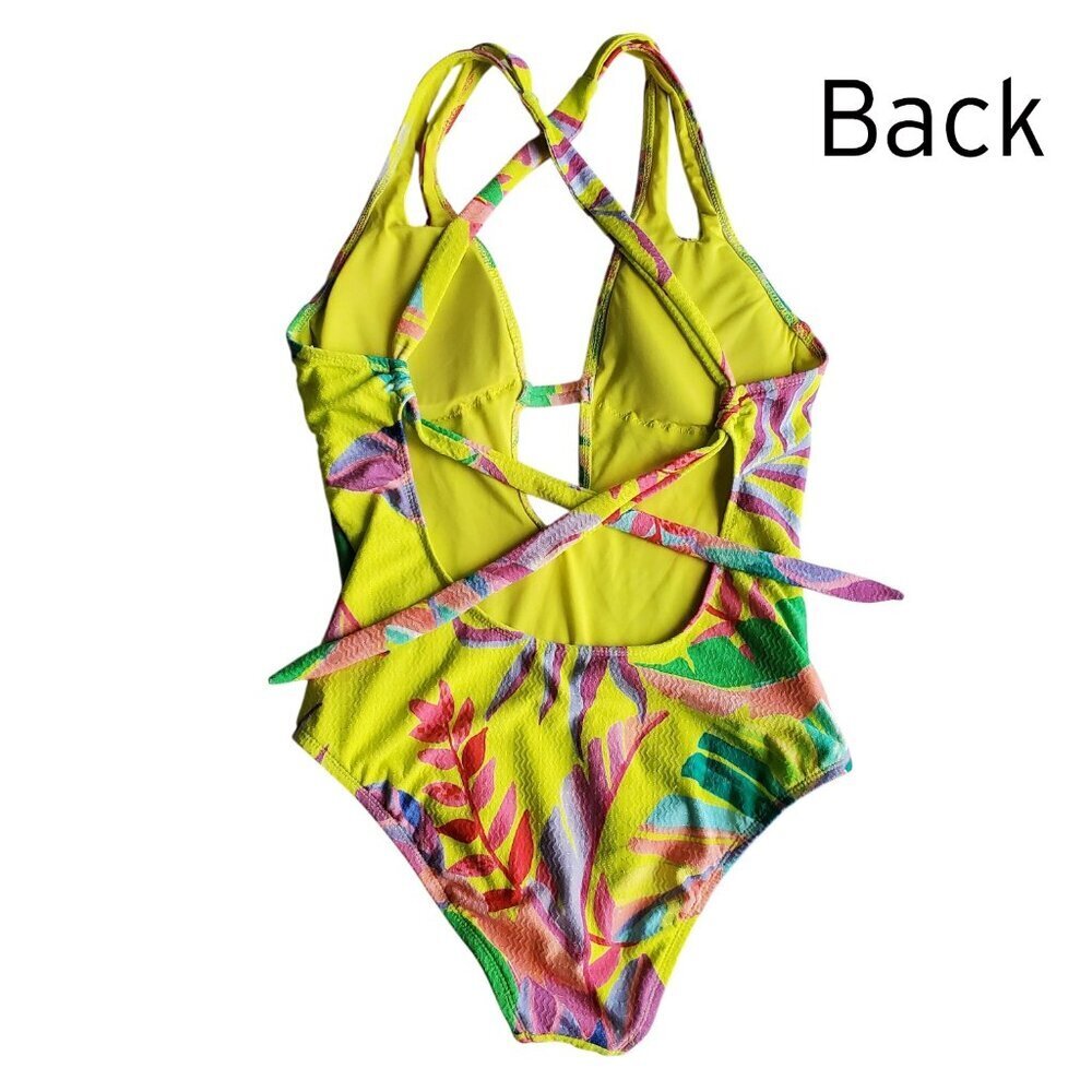 Becca Rebecca Virtue Costa Bella Yellow Tropical Print Plunge One Piece Swimsuit - Picture 8 of 16